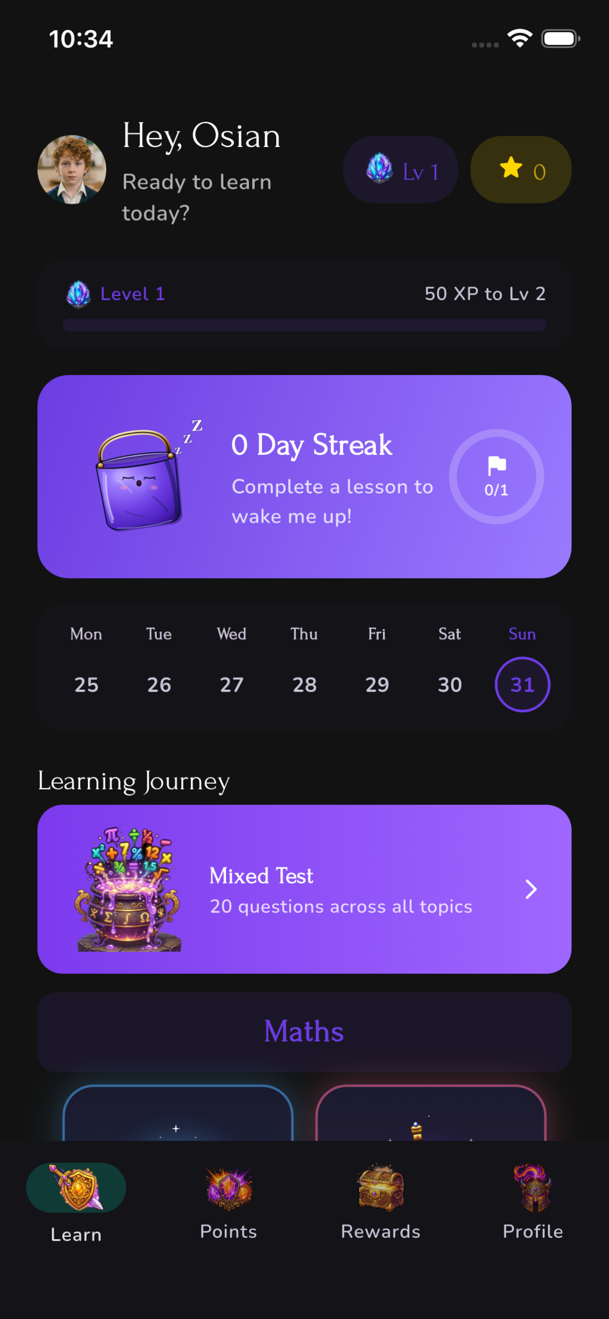 Bucket Filler home screen showing streak, level and learning journey