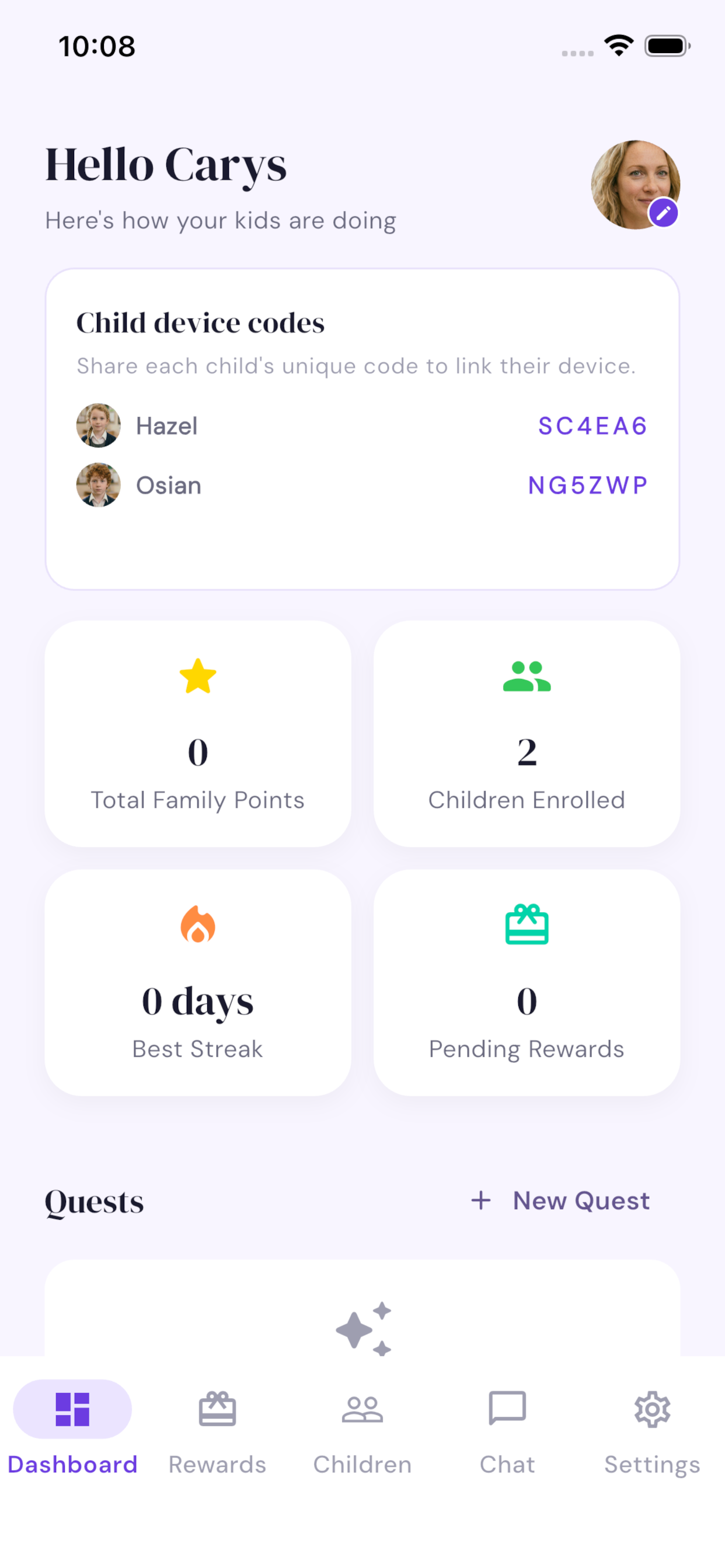 Bucket Filler parent dashboard showing children's progress and device codes